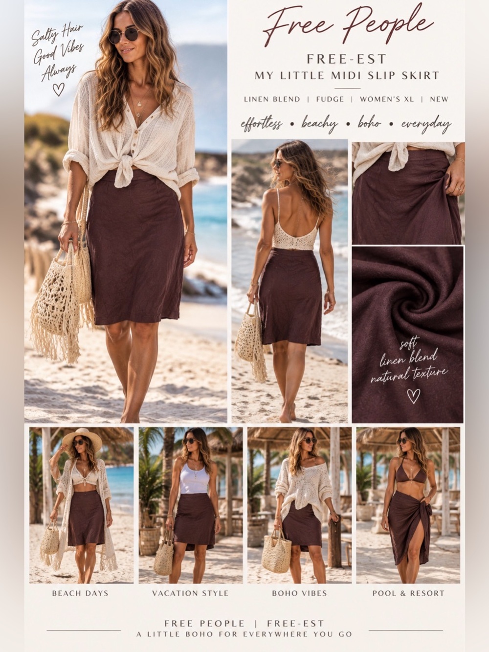 Free People Free-est My Little Midi Linen Blend Slip Skirt in Fudge Women XL NEW
